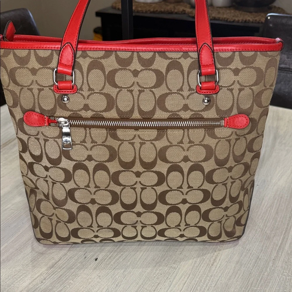 Coach Brown and Red Signature Shoulder Tote Bag-EUC